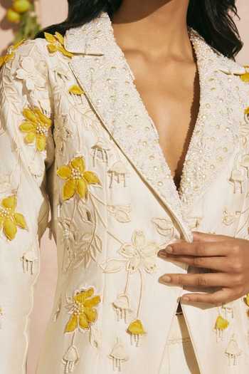 Buy_Chandrima_Ivory Chanderi Beads, Cut Work, Applique Notched Neck 3d Beadwork Blazer _Online_at_Aza_Fashions