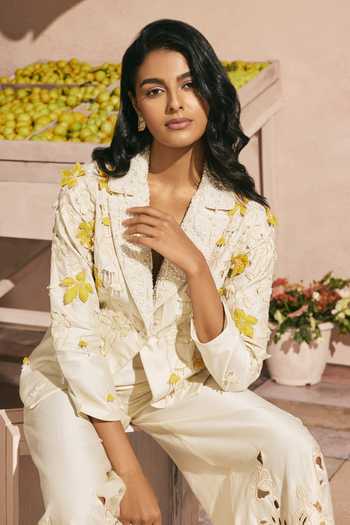 Shop_Chandrima_Ivory Chanderi Beads, Cut Work, Applique Notched Neck 3d Beadwork Blazer _Online_at_Aza_Fashions