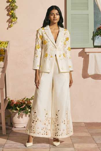 Chandrima_Ivory Chanderi Beads, Cut Work, Applique Notched Neck 3d Beadwork Blazer _at_Aza_Fashions