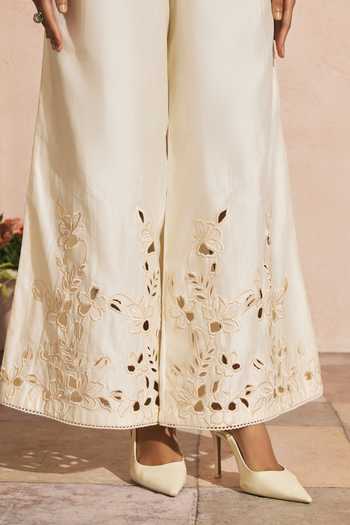 Chandrima_Ivory Chanderi Cut Work Flared Pant _Online_at_Aza_Fashions