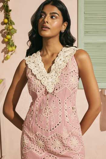 Chandrima_Pink Cotton, Twill Beads, Cut Work V-neck Blush Contrast Straight Dress _Online_at_Aza_Fashions