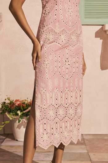 Buy_Chandrima_Pink Cotton, Twill Beads, Cut Work V-neck Blush Contrast Straight Dress _Online_at_Aza_Fashions