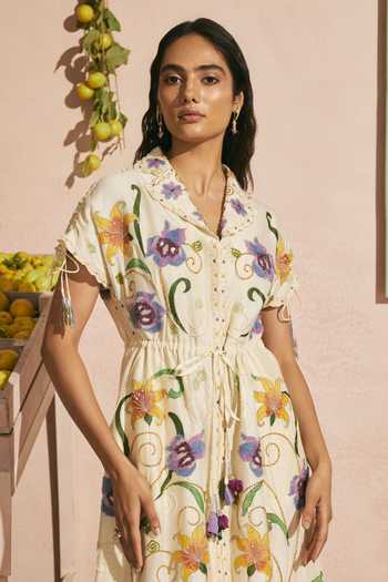 Chandrima_Ivory Chanderi Embroidery, Beads, Applique V-neck Iris Shirt Dress _Online_at_Aza_Fashions