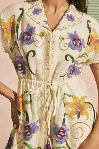 Buy_Chandrima_Ivory Chanderi Embroidery, Beads, Applique V-neck Iris Shirt Dress _Online_at_Aza_Fashions
