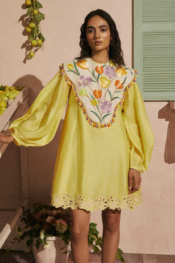 Chandrima_Yellow Chanderi Embroidery, Beads, Cut Work Butter Short Dress With Tulip Cape _Online_at_Aza_Fashions