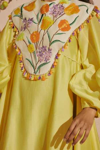 Buy_Chandrima_Yellow Chanderi Embroidery, Beads, Cut Work Butter Short Dress With Tulip Cape _Online_at_Aza_Fashions