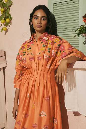 Chandrima_Orange Chanderi Beads, Applique Collared Bougainvillea Pleated Dress _Online_at_Aza_Fashions