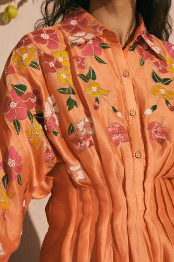Buy_Chandrima_Orange Chanderi Beads, Applique Collared Bougainvillea Pleated Dress _Online_at_Aza_Fashions