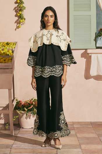 Chandrima_Black Poplin Beads, Cut Work High Neck Contrast Collar Top _Online_at_Aza_Fashions