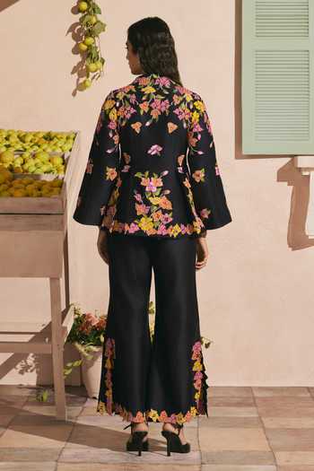 Chandrima Black Bougainvillea Pleated Jacket 