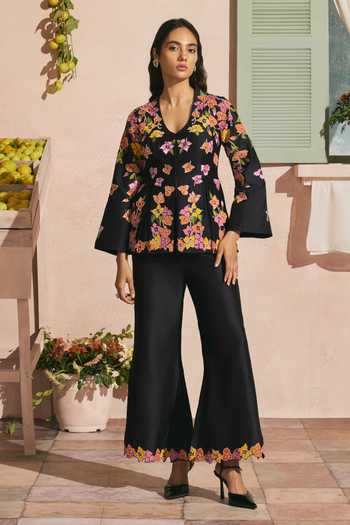 Chandrima_Black Chanderi Beads, Applique V-neck Bougainvillea Pleated Jacket _Online_at_Aza_Fashions