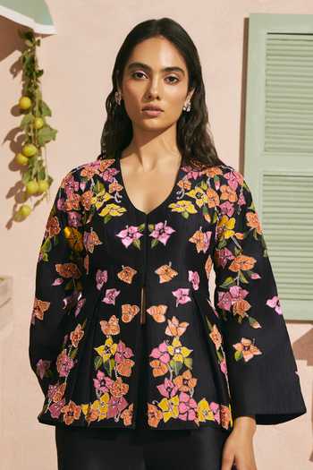 Chandrima Black Bougainvillea Pleated Jacket 