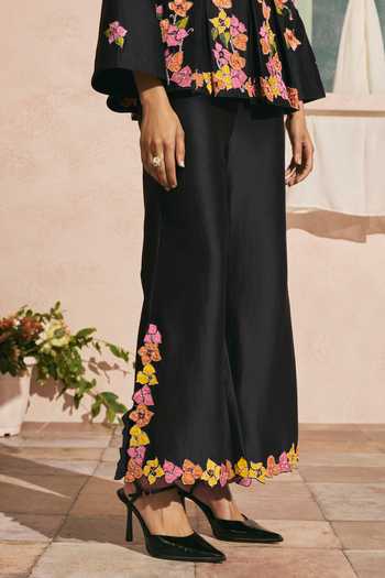Chandrima_Black Chanderi Beads, Applique Bougainvillea Embroidered Palazzo _Online_at_Aza_Fashions
