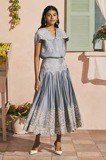Chandrima_Blue Chanderi Beads, Cut Work Collared Powder Contrast Shirt _Online_at_Aza_Fashions