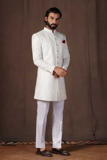 Buy_ZOOP MEN_White Jacquard, Lycra, Polyester, Silk Thread Embroidered Sherwani Set _Online_at_Aza_Fashions