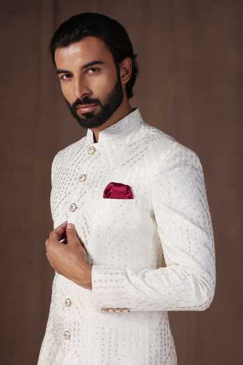 Shop_ZOOP MEN_White Jacquard, Lycra, Polyester, Silk Thread Embroidered Sherwani Set _Online_at_Aza_Fashions