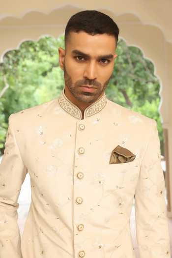 Buy_ZOOP MEN_Cream Velvet, Jacquard, Lycra, Polyester, Silk Hand Embroidered Sherwani Set _Online_at_Aza_Fashions