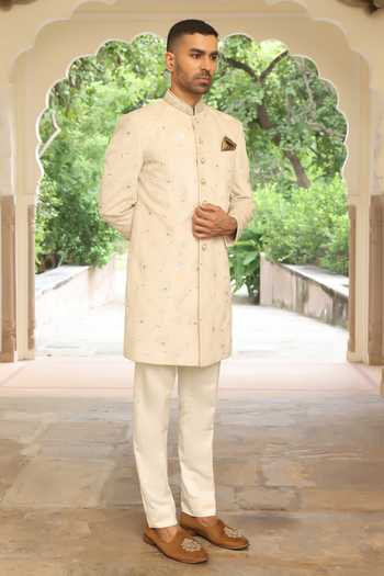 Shop_ZOOP MEN_Cream Velvet, Jacquard, Lycra, Polyester, Silk Hand Embroidered Sherwani Set _Online_at_Aza_Fashions