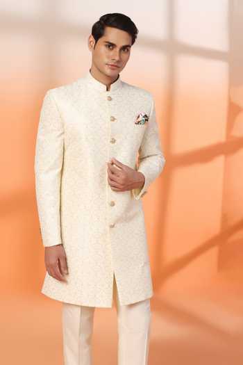 Shop_ZOOP MEN_Gold Jacquard, Lycra, Polyester, Silk Thread And Sequin Embroidered Sherwani Set _Online_at_Aza_Fashions