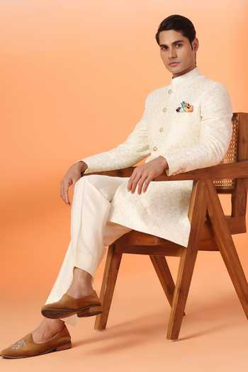 ZOOP MEN_Gold Jacquard, Lycra, Polyester, Silk Thread And Sequin Embroidered Sherwani Set _at_Aza_Fashions