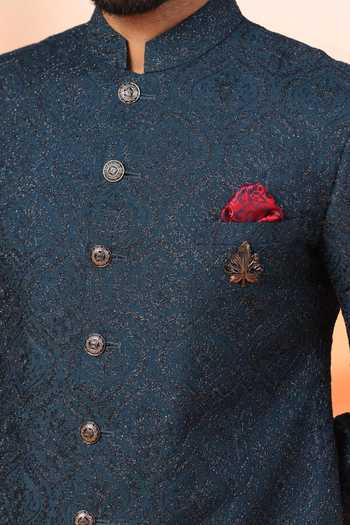 Buy_ZOOP MEN_Blue Jacquard, Terrycloth, Rayon Thread Embroidered Sherwani Set _Online_at_Aza_Fashions