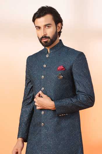 Shop_ZOOP MEN_Blue Jacquard, Terrycloth, Rayon Thread Embroidered Sherwani Set _Online_at_Aza_Fashions