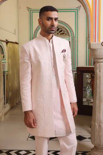 ZOOP MEN_Pink Jacquard, Polyester, Silk Hand Embroidered Sherwani Jacket Set _Online_at_Aza_Fashions