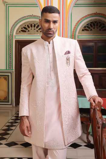 Buy_ZOOP MEN_Pink Jacquard, Polyester, Silk Hand Embroidered Sherwani Jacket Set _Online_at_Aza_Fashions