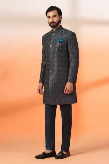 ZOOP MEN_Teal Jacquard, Rayon Sequin Embroidered Sherwani Set _Online_at_Aza_Fashions