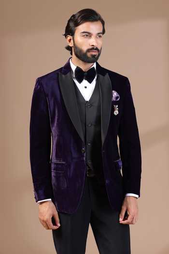 ZOOP MEN_Purple Velvet, Rayon Brooches Tuxedo Set _Online_at_Aza_Fashions