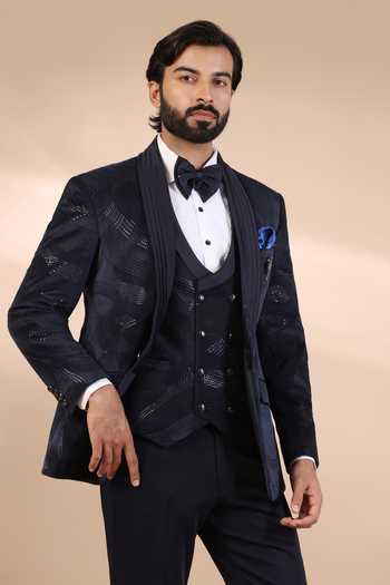ZOOP MEN_Blue Jacquard, Rayon Embroidery, Sequins Tuxedo Set _Online_at_Aza_Fashions