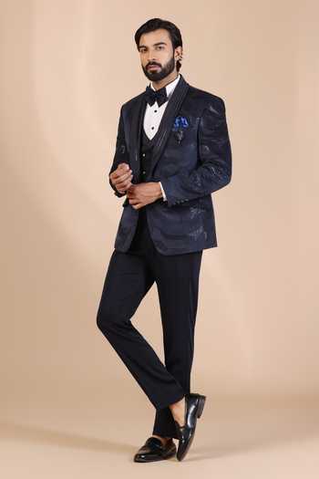 Buy_ZOOP MEN_Blue Jacquard, Rayon Embroidery, Sequins Tuxedo Set _Online_at_Aza_Fashions