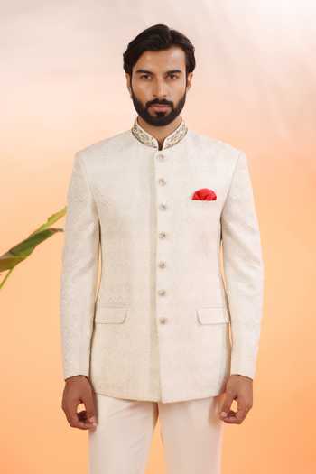 ZOOP MEN_Off White Jacquard, Organza, Rayon Embroidery, Pearls Hand Bandhgala Set _Online_at_Aza_Fashions