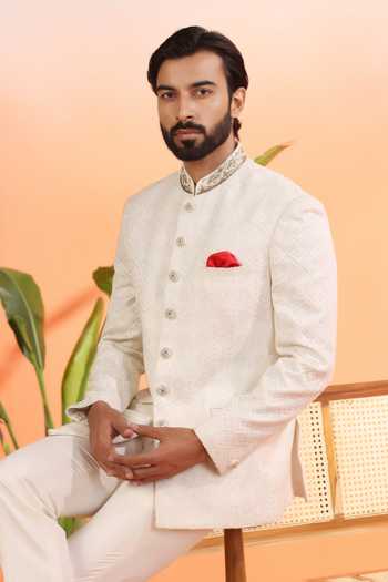 Buy_ZOOP MEN_Off White Jacquard, Organza, Rayon Embroidery, Pearls Hand Bandhgala Set _Online_at_Aza_Fashions
