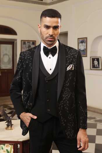 Shop_ZOOP MEN_Black Lycra Embroidery Hand Tuxedo Set _Online_at_Aza_Fashions