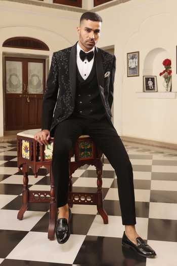 Buy_ZOOP MEN_Black Lycra Embroidery Hand Tuxedo Set 