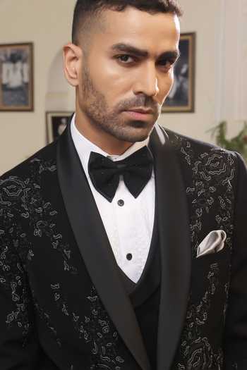 Shop_ZOOP MEN_Black Lycra Embroidery Hand Tuxedo Set 