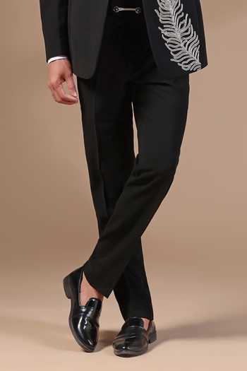 ZOOP MEN_Black Jacquard Pearls Feather Motif Tuxedo Set _Online_at_Aza_Fashions