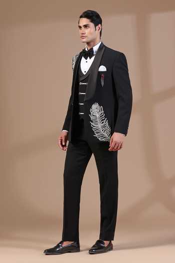 Buy_ZOOP MEN_Black Jacquard Pearls Feather Motif Tuxedo Set _Online_at_Aza_Fashions