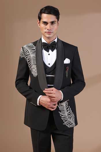 Shop_ZOOP MEN_Black Jacquard Pearls Feather Motif Tuxedo Set _Online_at_Aza_Fashions