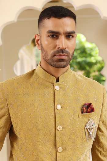 Buy_ZOOP MEN_Green Velvet, Silk, Lycra, Polyester Thread Embroidered Sherwani Set 