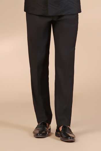 ZOOP MEN_Black Jacquard, Rayon Debossed Thread Work Bandhgala And Trouser Set _Online_at_Aza_Fashions