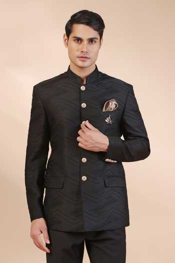 Buy_ZOOP MEN_Black Jacquard, Rayon Debossed Thread Work Bandhgala And Trouser Set _Online_at_Aza_Fashions