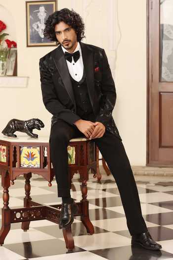 Buy_ZOOP MEN_Black Lycra Embroidery Japanese Tuxedo Set _Online_at_Aza_Fashions