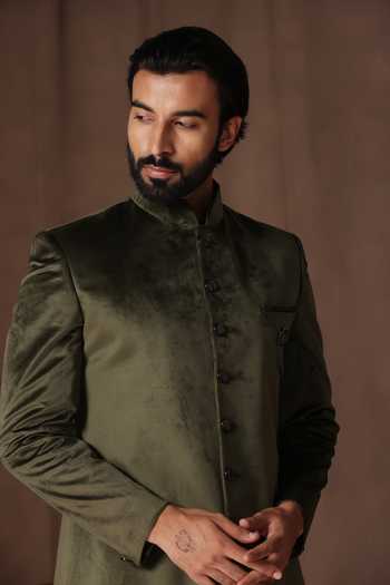 ZOOP MEN_Green Velvet, Cotton, Polyester, Silk Sherwani And Pant Set _Online_at_Aza_Fashions
