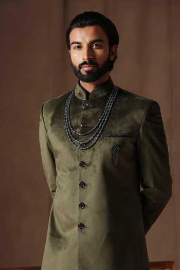 Buy_ZOOP MEN_Green Velvet, Cotton, Polyester, Silk Sherwani And Pant Set _Online_at_Aza_Fashions