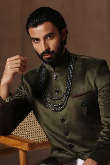 Shop_ZOOP MEN_Green Velvet, Cotton, Polyester, Silk Sherwani And Pant Set _Online_at_Aza_Fashions