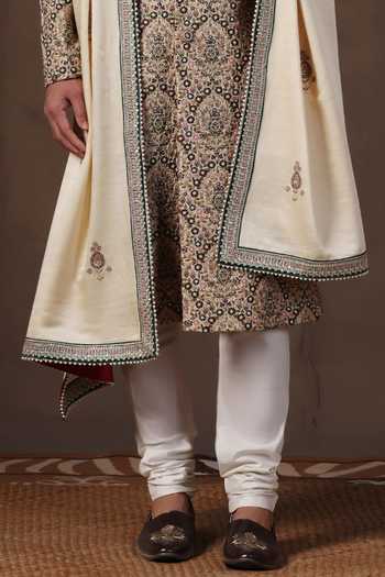ZOOP MEN_Green Silk, Cotton, Satin Hand Embroidered Sherwani Set _Online_at_Aza_Fashions
