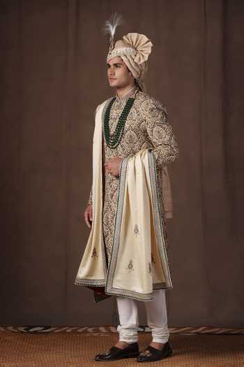 Buy_ZOOP MEN_Green Silk, Cotton, Satin Hand Embroidered Sherwani Set _Online_at_Aza_Fashions
