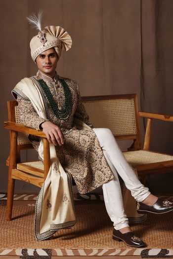 Buy_ZOOP MEN_Green Silk, Cotton, Satin Hand Embroidered Sherwani Set 